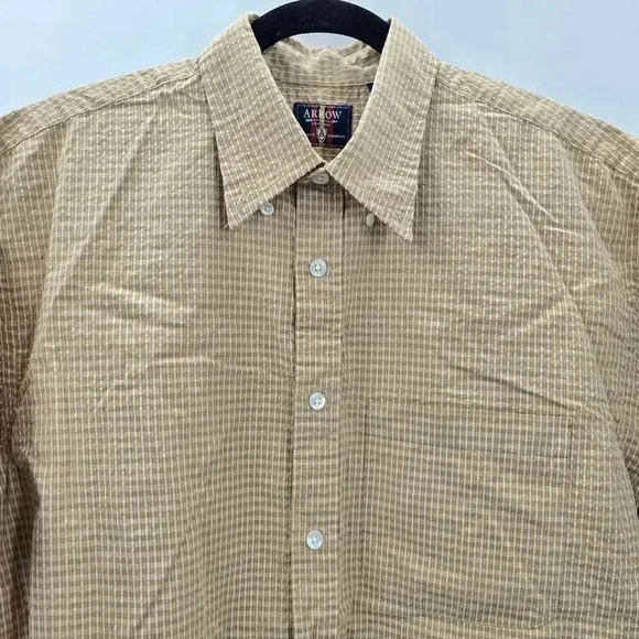 Arrow Tan Stripe Plaid Button Up Short Sleeve Shirt Medium - Picture 4 of 11